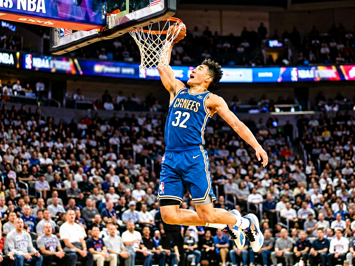 NBA季后赛精彩扣篮瞬间，球员腾空而起完成暴扣，展现篮球赛事的激情与对抗，6686体育持续追踪NBA动态